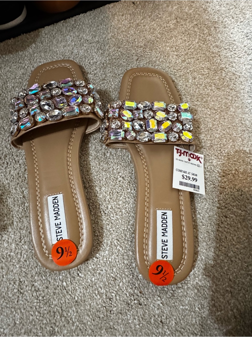 Steve Madden Tan Jeweled Slide Sandals - Multi Crystal Accents